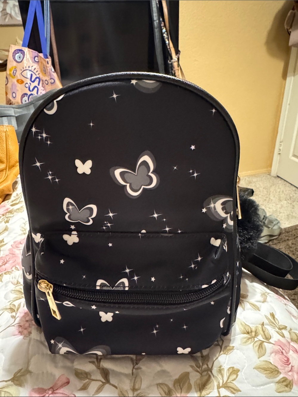 Black Butterfly Print Mini Backpack - Fashionable Women’s Bag